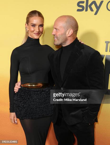 Rosie Huntington-Whiteley and Jason Statham attend the UK premiere of "The Beekeeper" at Vue Leicester Square on January 10, 2024 in London, England.