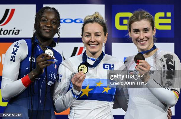 Second placed France's Taky Marie Divine Kouame , First placed Britain's Katy Marchant and Third placed Germany's Pauline Sophie Grabosch celebrate...