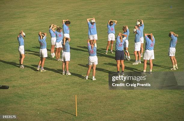 The England team train before the Women's World Cup semi-final against New Zealand in Madras, India. New Zealand won the match by 20 runs. \...