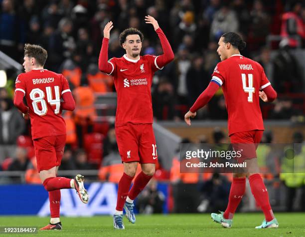 Curtis Jones of Liverpool celebrates after scoring the first Liverpool goal during the Carabao Cup Semi Final First Leg match between Liverpool and...