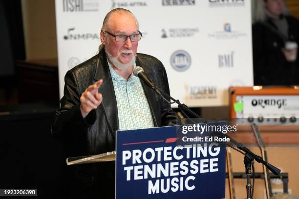 Musician/Producer, Steve Cropper speaks onstage during the ELVIS Act Press Conference - Protect Tennessee Music on January 10, 2024 at RCA Studio A...