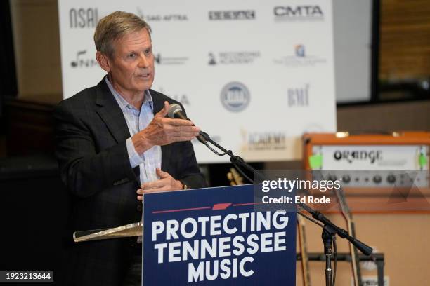 Governor of Tennessee, Bill Lee speaks onstage during the ELVIS Act Press Conference - Protect Tennessee Music on January 10, 2024 at RCA Studio A in...