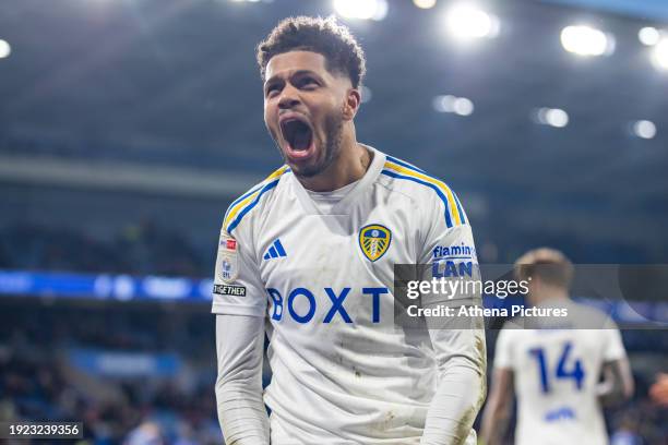 Georginio Rutter of Leeds United celebrates scoring during the Sky Bet Championship match between Cardiff City and Leeds United at the Cardiff City...