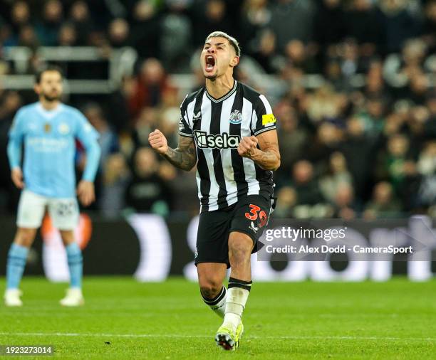 Newcastle United's Bruno Guimaraes celebrates his side's first goal during the Premier League match between Newcastle United and Manchester City at...