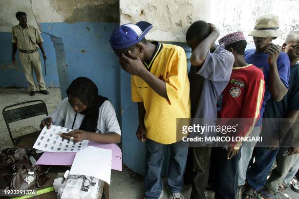 Voters from Zanzibar cover their faces as they register to vote in a different constituency than their own 30 October 2005 in Stone Town. Voters were...
