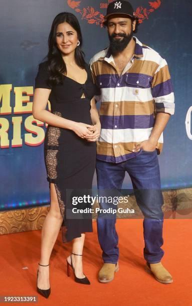 Katrina Kaif and Vicky Kaushal attend the premiere of movie 'Merry Christmas' on January 10, 2024 in Mumbai, India