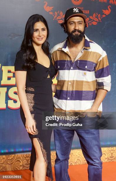 Katrina Kaif and Vicky Kaushal attend the premiere of movie 'Merry Christmas' on January 10, 2024 in Mumbai, India