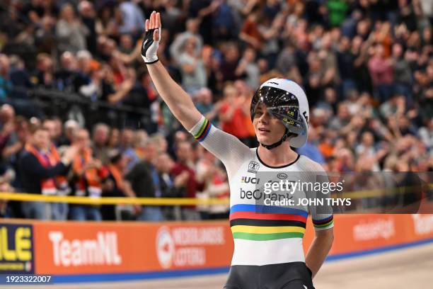 Belgium's Lotte Kopecky celebrates after winning in the Women's Points race during the fourth day of the UEC European Track Cycling Championships at...