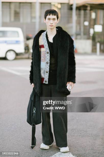 Street style at Milan Men's Fashion Week on January 12, 2024 in Milan, Italy.