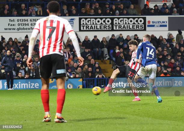 Adil Aouchiche of Sunderland puts his shot wide during the Sky Bet Championship match between Ipswich Town and Sunderland at Portman Road on January...