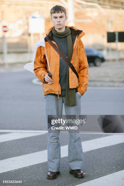 Street style at Milan Men's Fashion Week on January 12, 2024 in Milan, Italy.