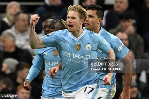 Manchester City's Belgian midfielder Kevin De Bruyne celebrates after scoring their second goal during the English Premier League football match...
