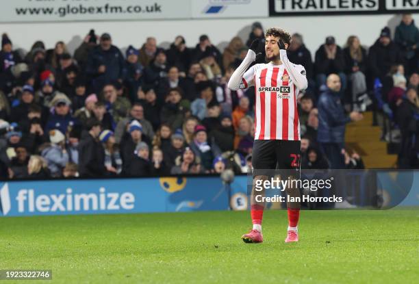 Adil Aouchiche of Sunderland reacts as he puts his shot wide during the Sky Bet Championship match between Ipswich Town and Sunderland at Portman...