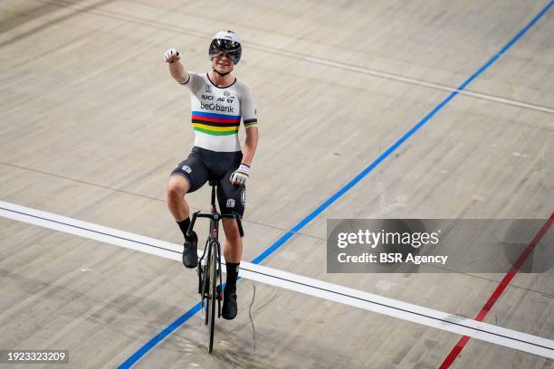 Lotte Kopecky of Belgium celebrates victory after competing in the Women's Points Race during Day 4 of the 2024 UEC Track Elite European...