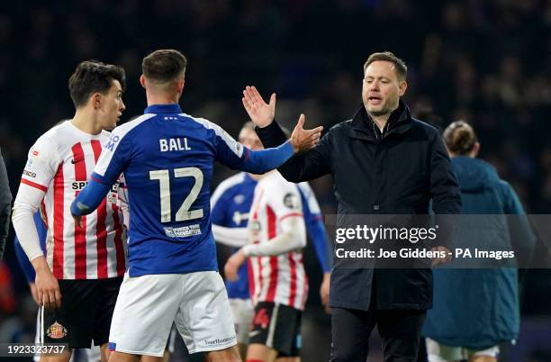 Ipswich Town's Dominic Ball and Sunderland manager Michael Beale greet each other after the Sky Bet Championship match at Portman Road, Ipswich....