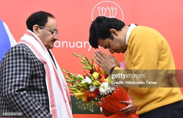 National President J.P. Nadda with Bharatiya Janata Yuva Morcha President Tejasvi Surya and other leaders during the launch of 'Namo Matdata...