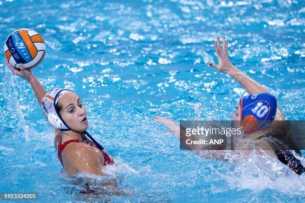 Judith Forca Ariza of Spain and Lieke Rogge of the Netherlands in action during the final of the European Water Polo Championships between the...