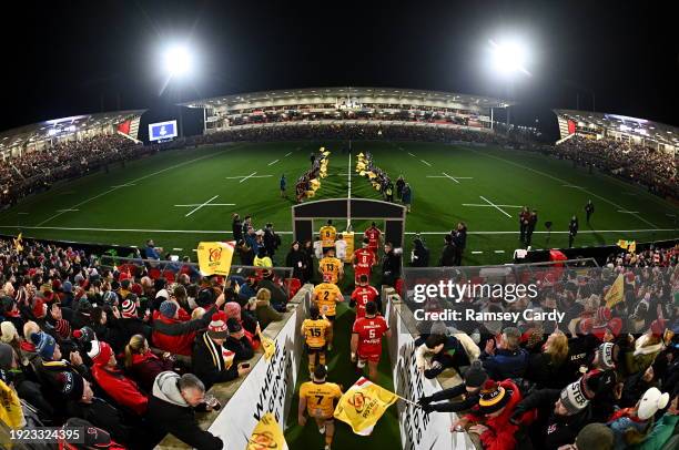 Belfast , United Kingdom - 13 January 2024; Both teams walk out before the Investec Champions Cup Pool 2 Round 3 match between Ulster and Toulouse at...