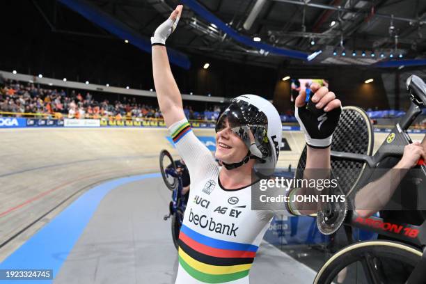 Belgium's Lotte Kopecky celebrates after winning the Women's Elimination race during the fourth day of the UEC European Track Cycling Championships...