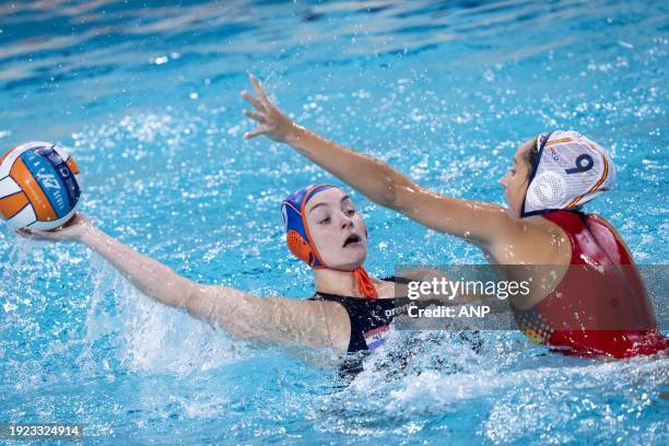 Lieke Rogge of the Netherlands and Judith Forca Ariza of Spain in action during the final of the European Water Polo Championships between the...