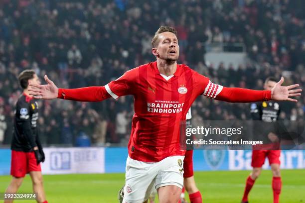 Luuk de Jong of PSV celebrates 1-0 during the Dutch Eredivisie match between PSV v Excelsior at the Philips Stadium on January 13, 2024 in Eindhoven...