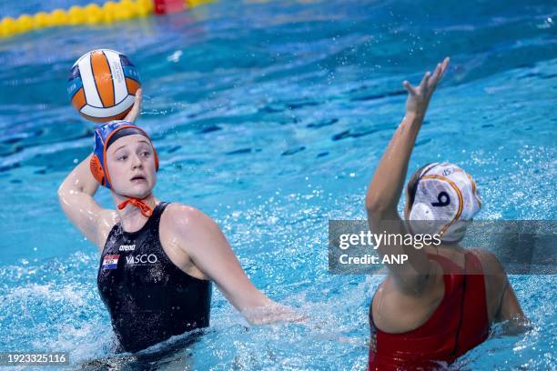 Paula Leiton Arrones of the Netherlands and Judith Forca Ariza of Spain in action during the final of the European Water Polo Championships between...