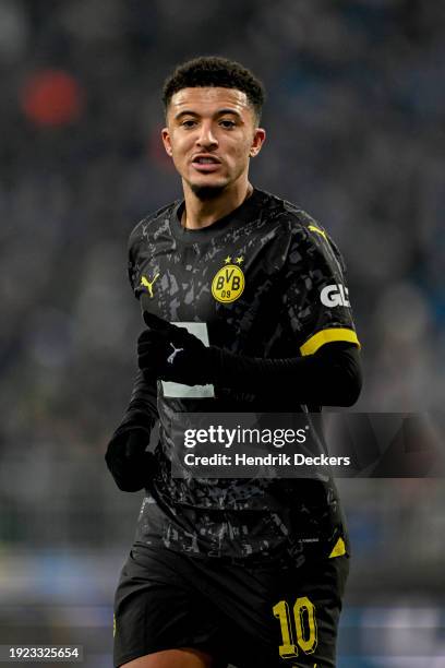 Jaden Sancho of Borussia Dortmund looks on during the Bundesliga soccer match between SV Darmstadt 98 and Borussia Dortmund at Merck-Stadion am...