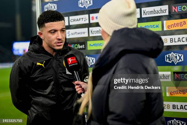 Jaden Sancho of Borussia Dortmund speaks to the media after the Bundesliga soccer match between SV Darmstadt 98 and Borussia Dortmund at...