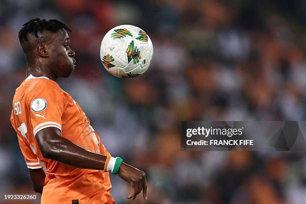 Ivory Coast's defender Wilfried Singo controls the ball during the Africa Cup of Nations 2024 group A football match between Ivory Coast and...