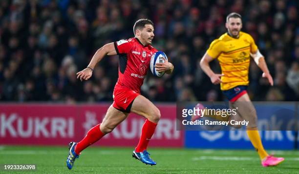 Belfast , United Kingdom - 13 January 2024; Antoine Dupont of Toulouse on his way to scoring his side's fourth try during the Investec Champions Cup...