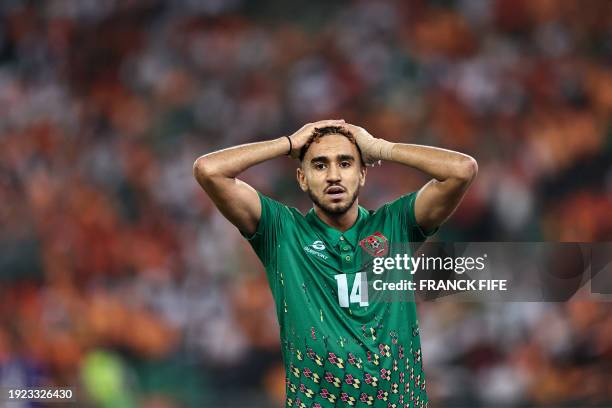 Guinea-Bissau's forward Mauro Rodrigues reacts during the Africa Cup of Nations 2024 group A football match between Ivory Coast and Guinea-Bissau at...