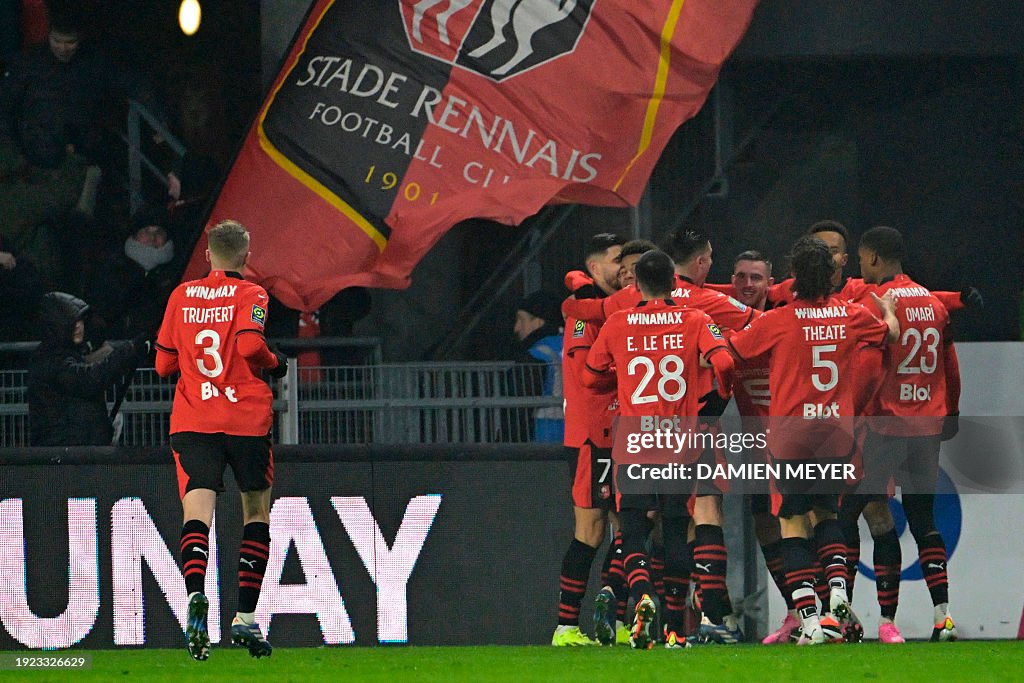 Nice Vs Rennes Rennes' players celebrate their second goal during the French L1 ...