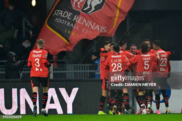Rennes' players celebrate their second goal during the French L1 football match between Stade Rennais FC and OGC Nice at The Roazhon Park Stadium in...