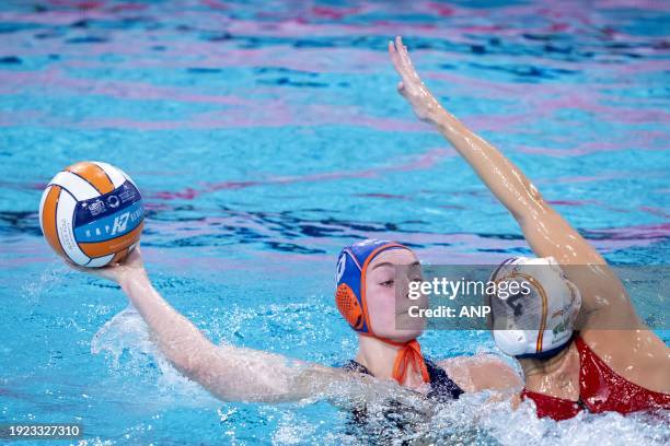 Lieke Rogge of the Netherlands and Beatriz Ortiz Munoz of Spain in action during the final of the European Water Polo Championships between the...