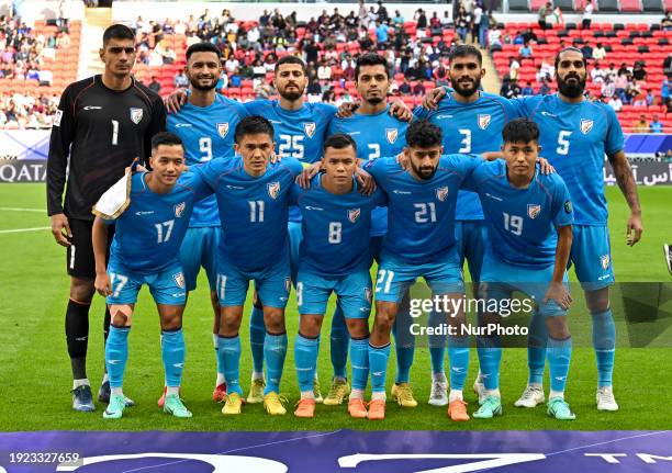 The Indian National team players are posing for a team photo before the AFC Asian Cup 2023 match between Australia and India at Ahmad Bin Ali Stadium...