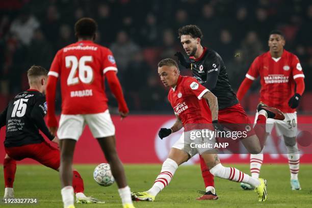 Noa Lang of PSV Eindhoven, Nikolas Agrafiotis of Excelsior during the Dutch Eredivisie match between PSV Eindhoven and Excelsior Rotterdam at the...