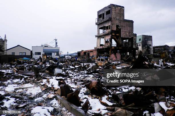 View of debris and rubble at the former site of a market in Wajima, Ishikawa Prefecture after the famous tourist spot burned down in a fire that...