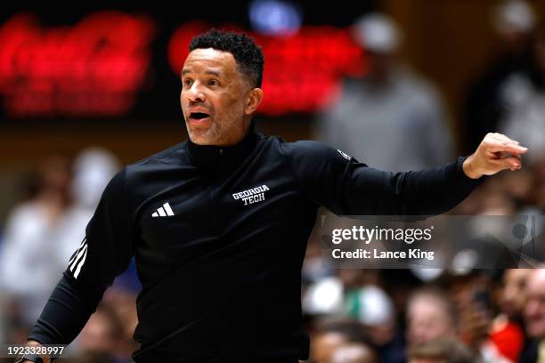 Head coach Damon Stoudamire of the Georgia Tech Yellow Jackets directs his team during the first half of the game against the Duke Blue Devils at...