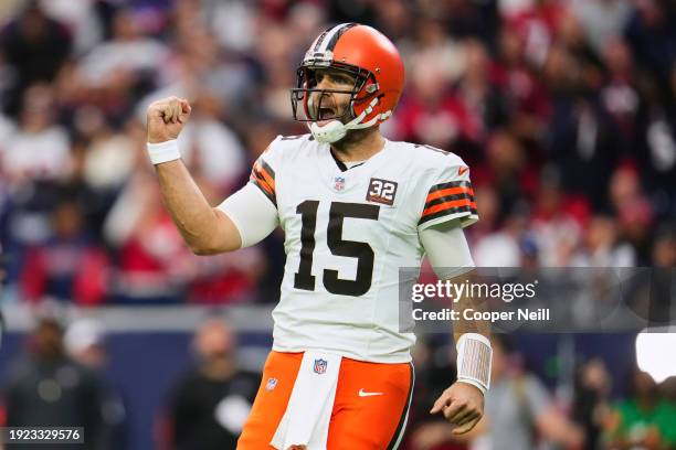 Joe Flacco of the Cleveland Browns celebrates after scoring a touchdown against the Houston Texans during the first half of the AFC Wild Card playoff...