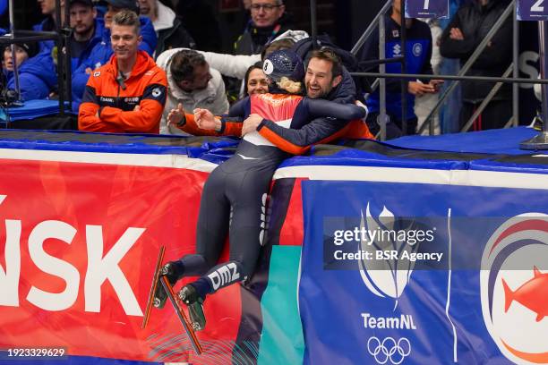 Xandra Velzeboer of The Netherlands, Niels Kerstholt competing on the 500m Finals during the ISU European Short Track Speed Skating Championships at...