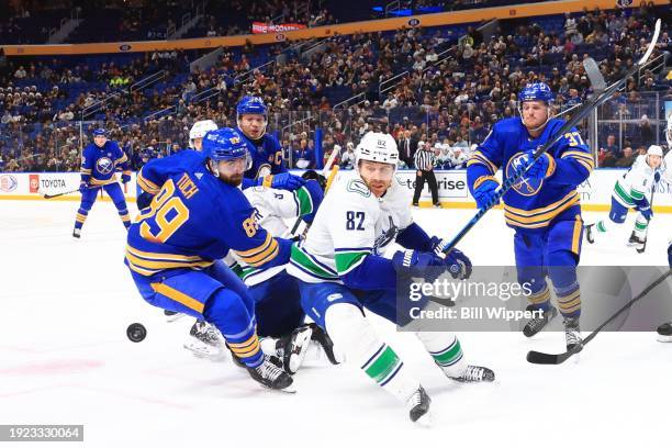 Alex Tuch of the Buffalo Sabres and Ian Cole of the Vancouver Canucks follow the puck during an NHL game on January 13, 2024 at KeyBank Center in...