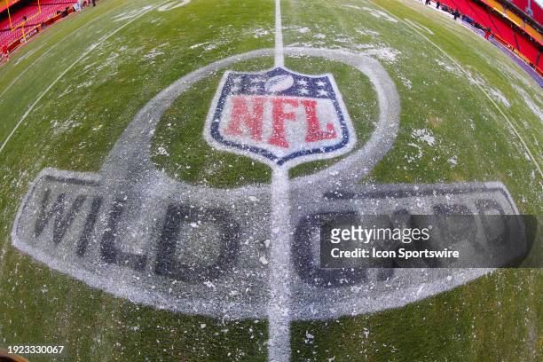 View of the NFL Wild Card logo on the frozen field before an AFC Wild Card playoff game between the Miami Dolphins and Kansas City Chiefs on Jan 13,...