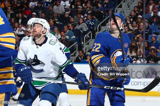 Carson Soucy of the Vancouver Canucks and Jack Quinn of the Buffalo Sabres follow the puck during an NHL game on January 13, 2024 at KeyBank Center...