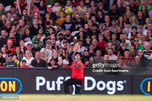 Melbourne Renegades player Jake Fraser-McGurk takes the catch of Melbourne Stars Captain Glenn Maxwell during KFC Big Bash League T20 match between...