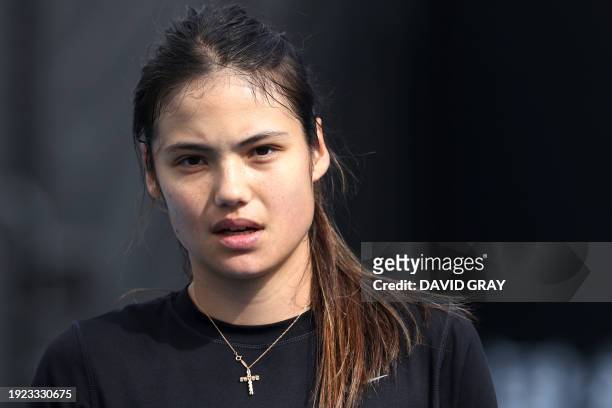 Britain's Emma Raducanu attends a practice session on day one of the Australian Open tennis tournament in Melbourne on January 14, 2024. / -- IMAGE...