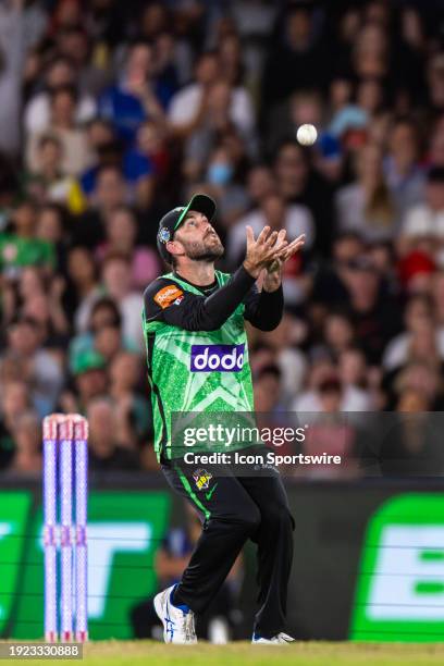 Melbourne Stars Captain Glenn Maxwell takes the catch of Melbourne Renegades player Aaron Finch during KFC Big Bash League T20 match between...