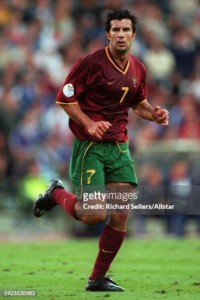 June 28: Luis Figo of Portugal running during the UEFA Euro 2000 Semi Final match between France and Portugal at King Baudouin Stadium on June 28,...