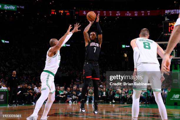 Cam Whitmore of the Houston Rockets shoots the ball during the game against the Boston Celtics on January 13, 2024 at the TD Garden in Boston,...