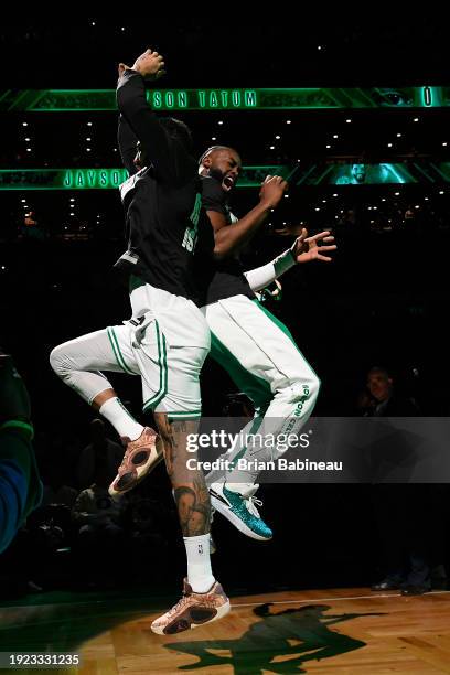 Jaylen Brown and Jayson Tatum of the Boston Celtics are introduced in shirts in honor of Martin Luther King Jr. Before the game against the Houston...