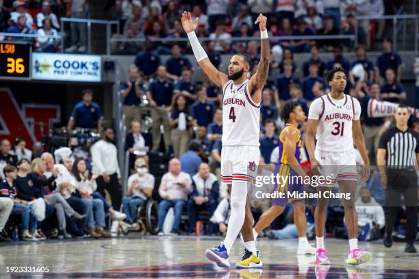 Johni Broome of the Auburn Tigers pumps up the crowd2 during the second half of their game against the LSU Tigers at Neville Arena on January 13,...